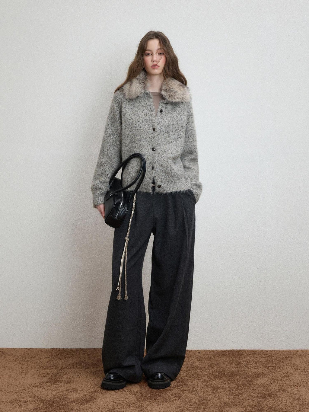 Luamoss Soft Warm Relaxed Detachable Fur Collar Women Wool Blend Button Cardigans