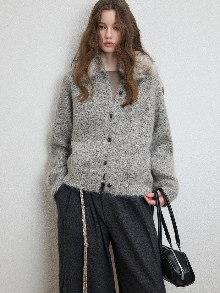 Luamoss Soft Warm Relaxed Detachable Fur Collar Women Wool Blend Button Cardigans