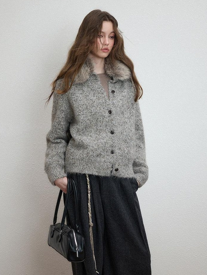 Luamoss Soft Warm Relaxed Detachable Fur Collar Women Wool Blend Button Cardigans
