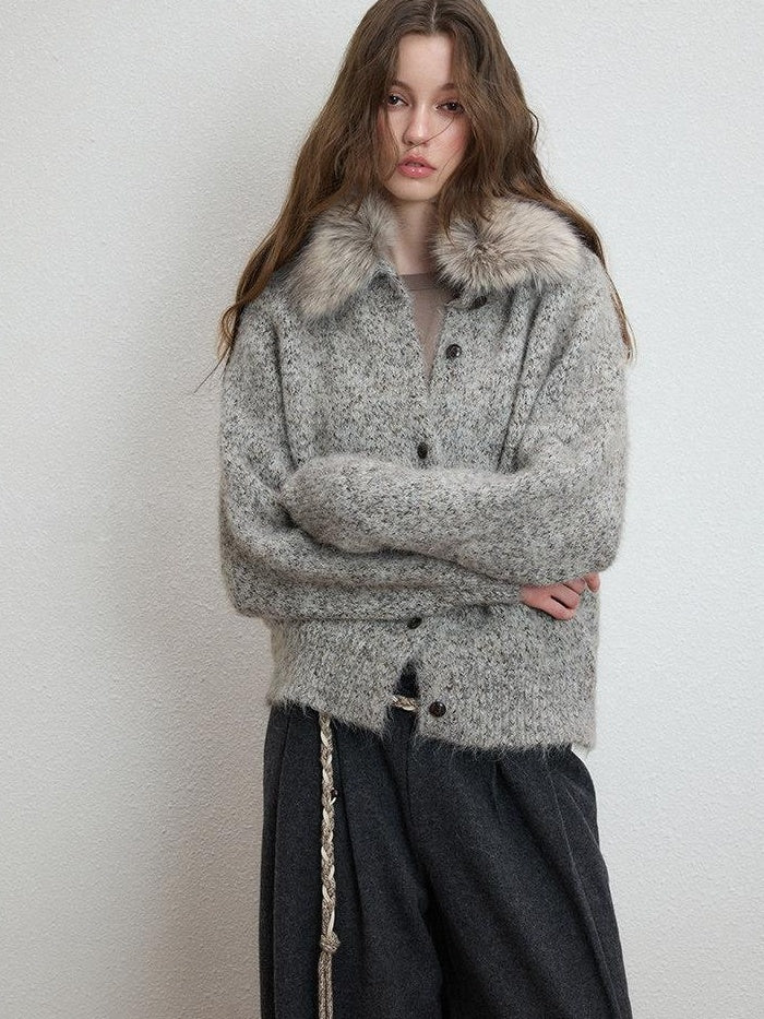 Luamoss Soft Warm Relaxed Detachable Fur Collar Women Wool Blend Button Cardigans