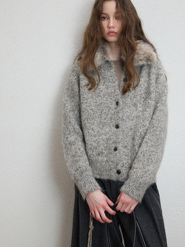Luamoss Soft Warm Relaxed Detachable Fur Collar Women Wool Blend Button Cardigans