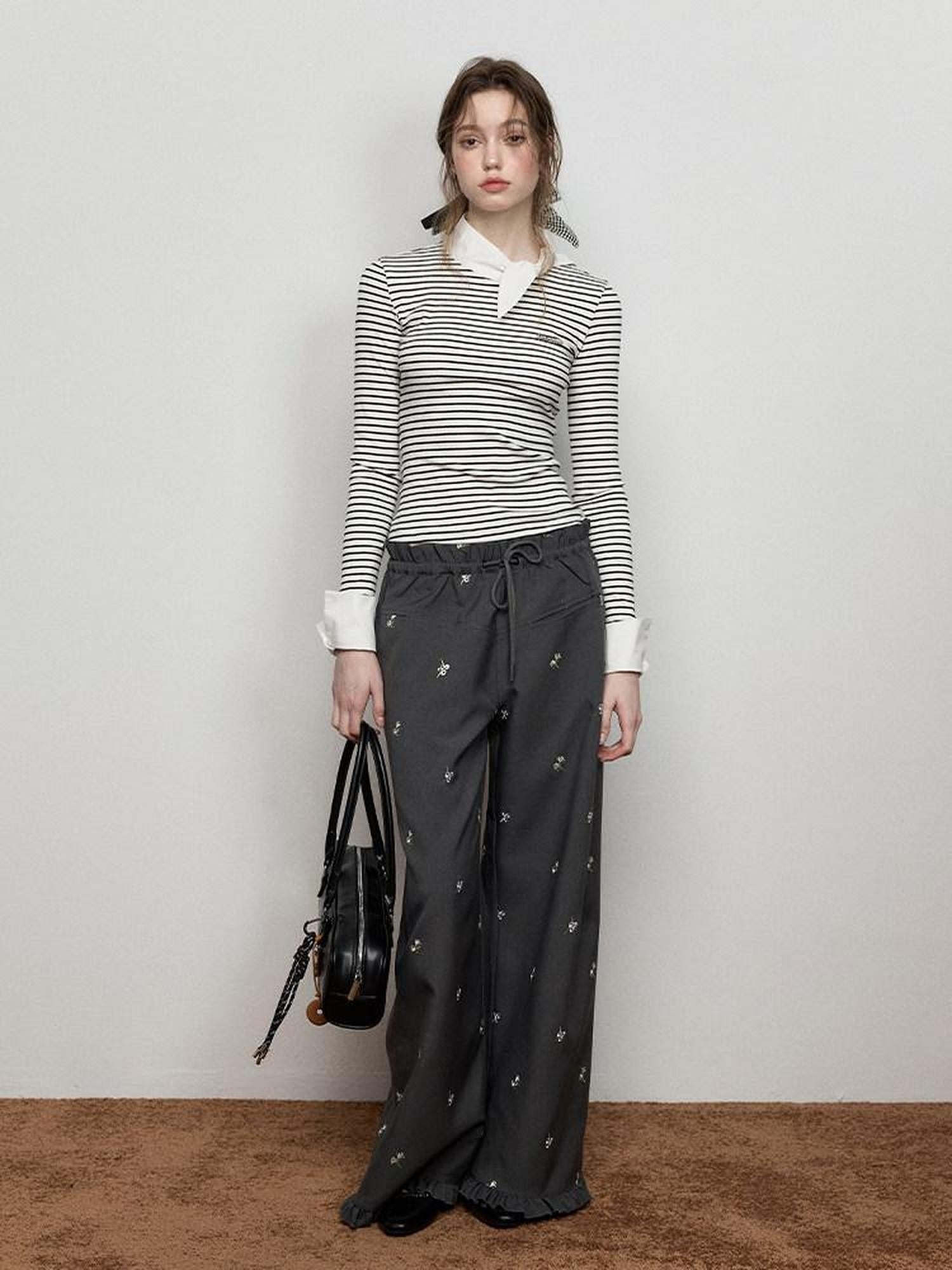 Luamoss Stretch Cotton Layered Women Striped Crewneck Long Sleeve T-Shirts