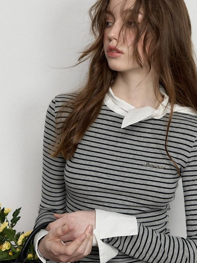 Luamoss Stretch Cotton Layered Women Striped Crewneck Long Sleeve T-Shirts