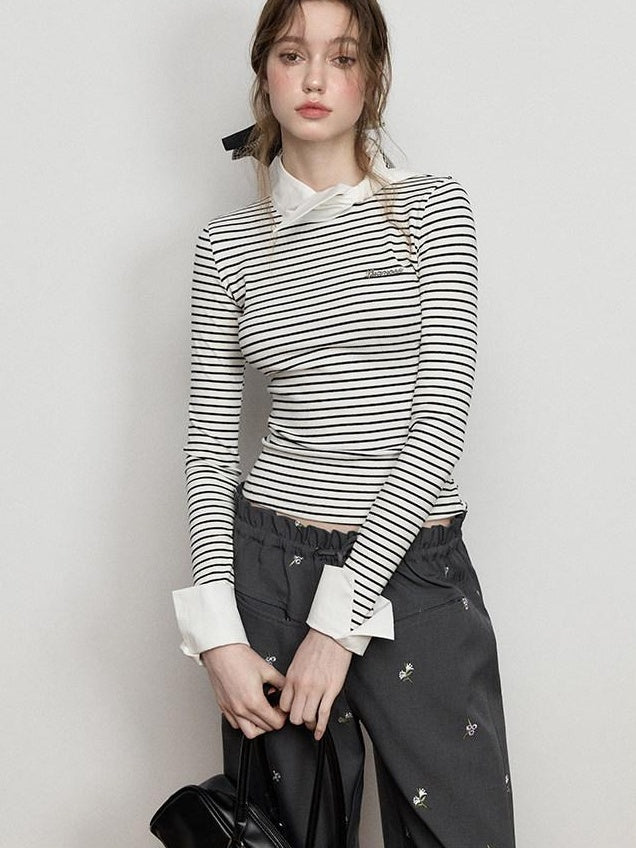 Luamoss Stretch Cotton Layered Women Striped Crewneck Long Sleeve T-Shirts