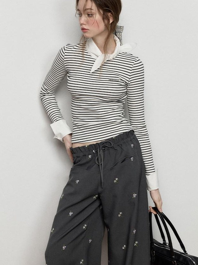 Luamoss Stretch Cotton Layered Women Striped Crewneck Long Sleeve T-Shirts