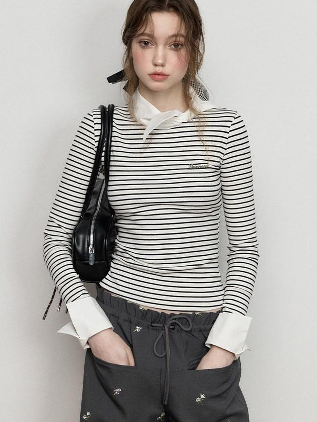 Luamoss Stretch Cotton Layered Women Striped Crewneck Long Sleeve T-Shirts