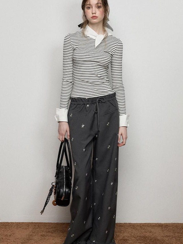 Luamoss Stretch Cotton Layered Women Striped Crewneck Long Sleeve T-Shirts
