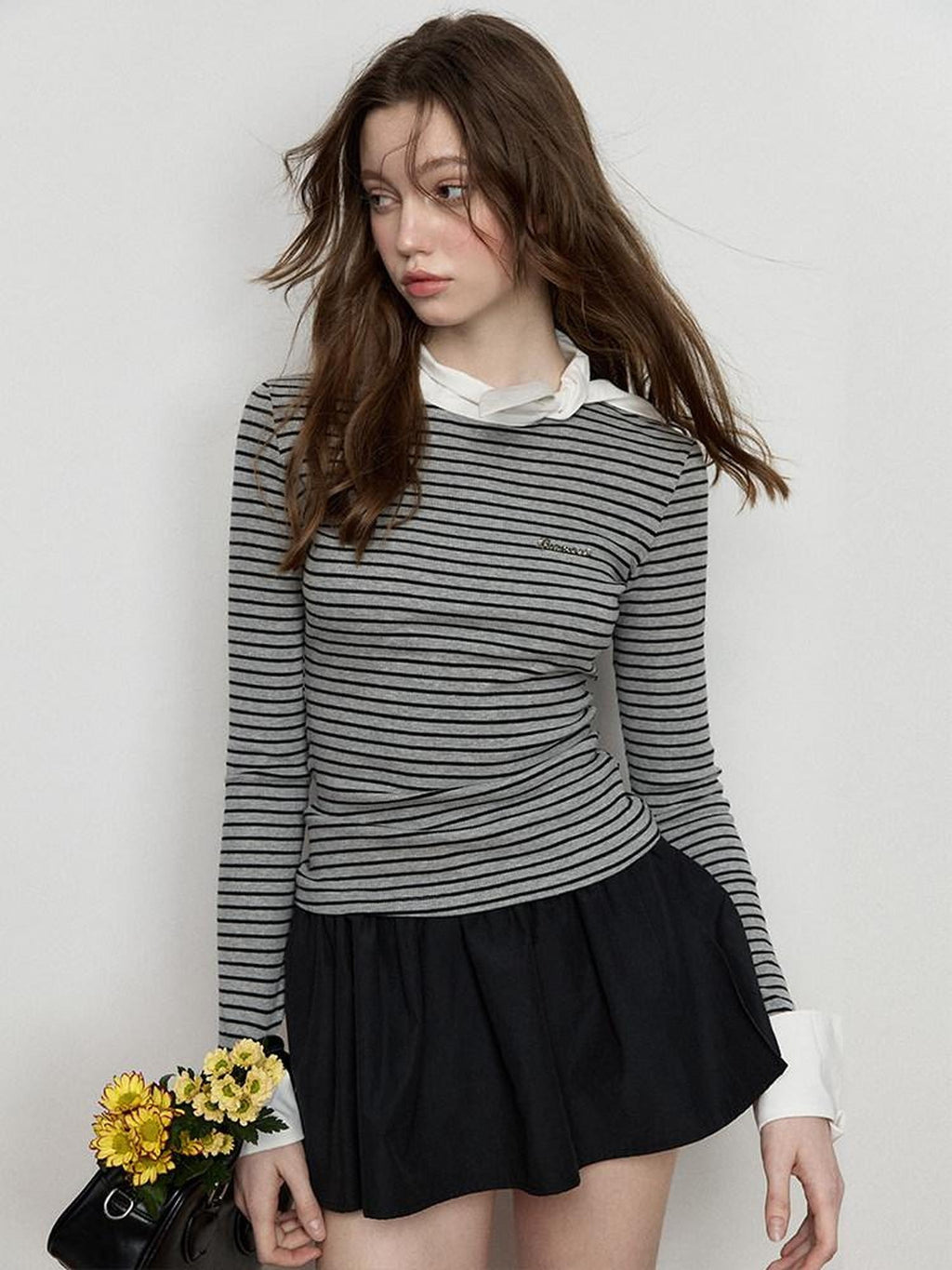 Luamoss Stretch Cotton Layered Women Striped Crewneck Long Sleeve T-Shirts