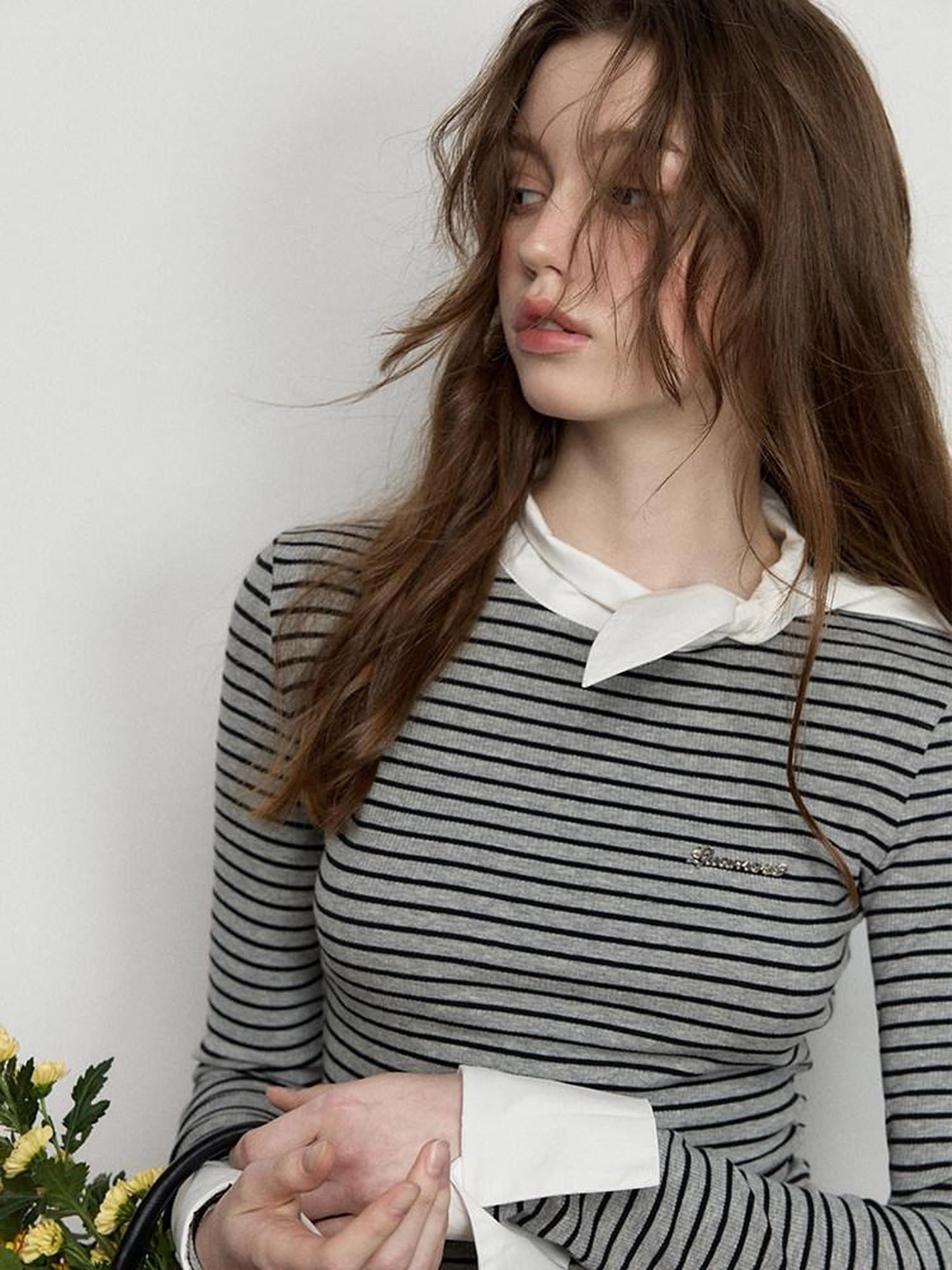 Luamoss Stretch Cotton Layered Women Striped Crewneck Long Sleeve T-Shirts