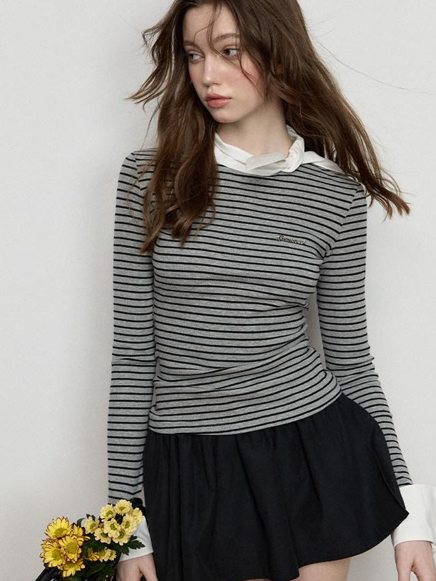 Luamoss Stretch Cotton Layered Women Striped Crewneck Long Sleeve T-Shirts