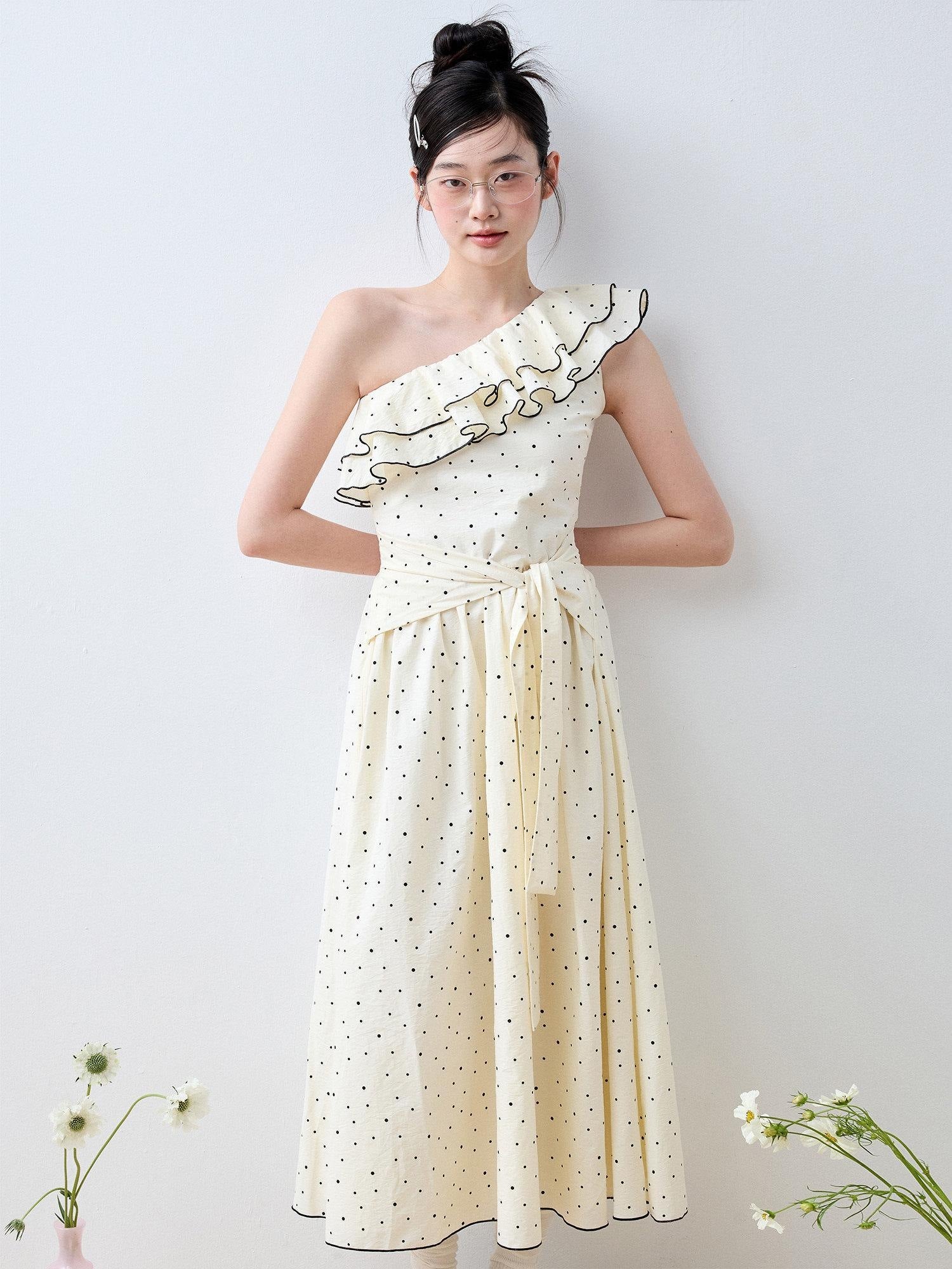 Luamoss Sweet High Waist Polka Dot One Shoulder A Line Cotton Women Maxi Dresses
