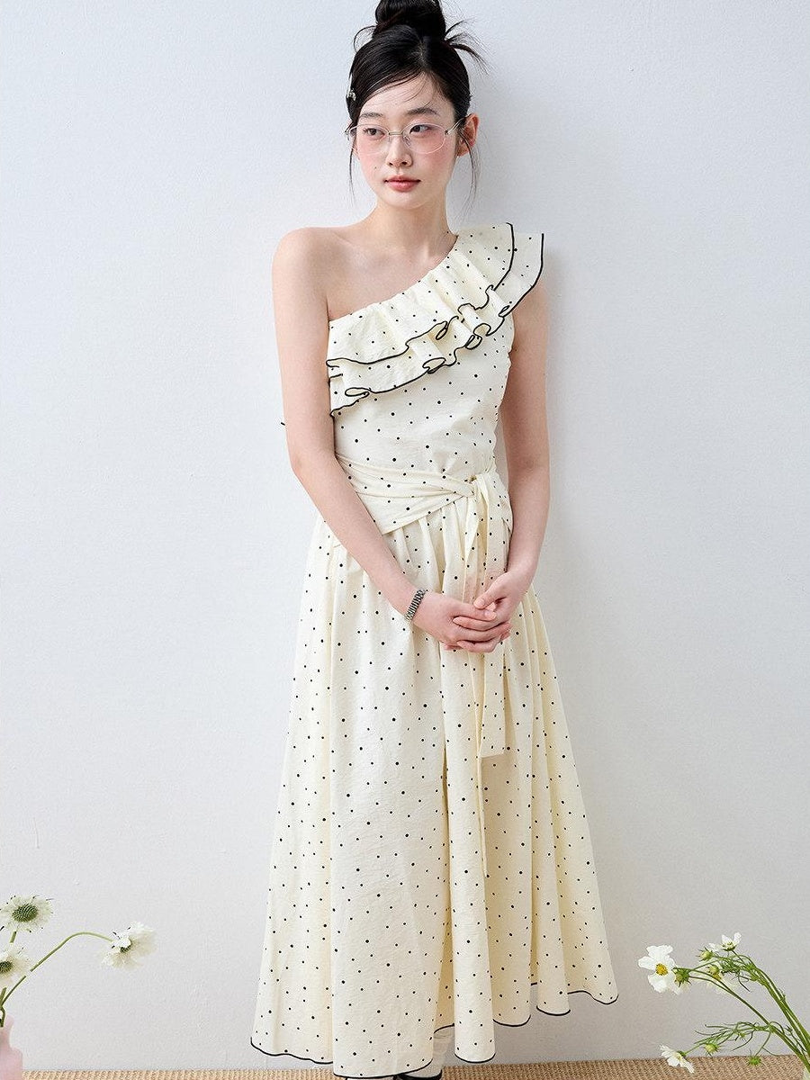 Luamoss Sweet High Waist Polka Dot One Shoulder A Line Cotton Women Maxi Dresses