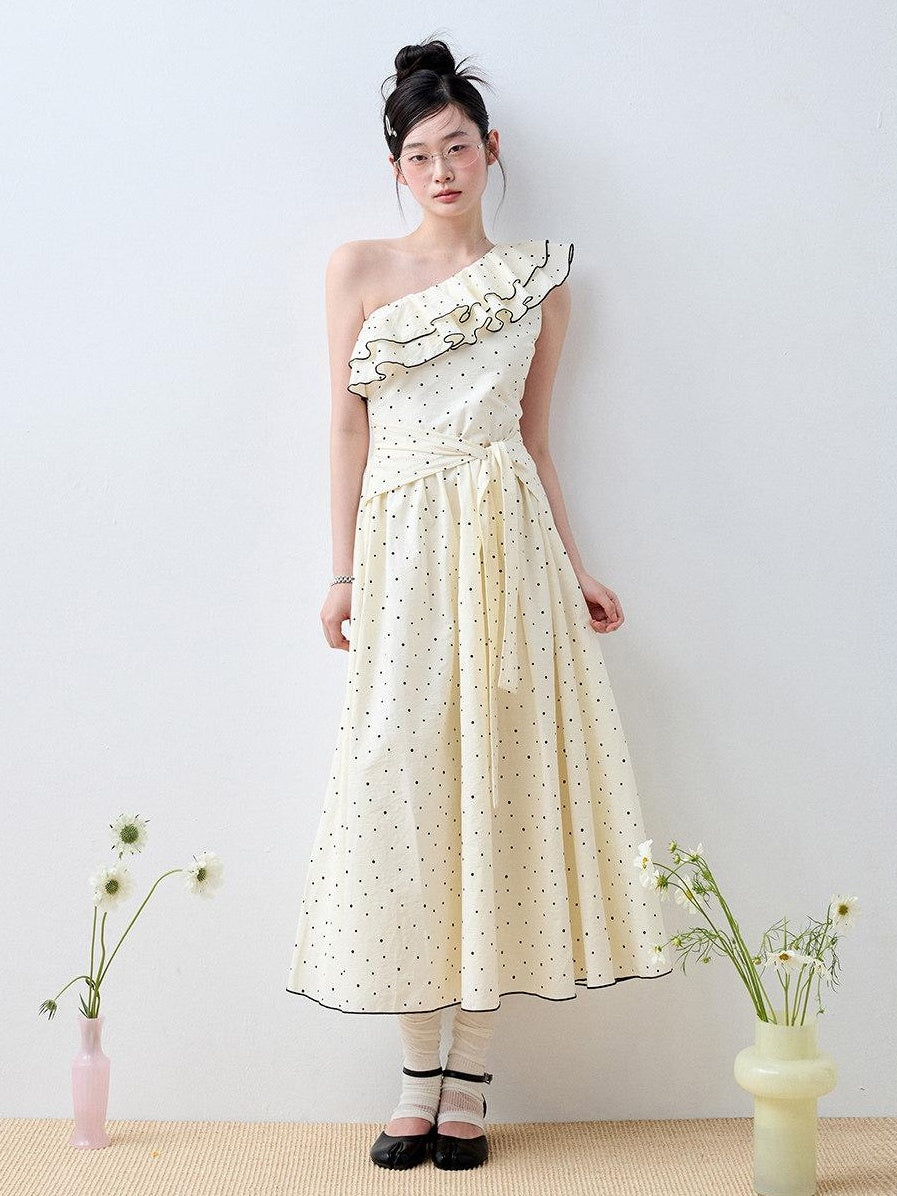 Luamoss Sweet High Waist Polka Dot One Shoulder A Line Cotton Women Maxi Dresses