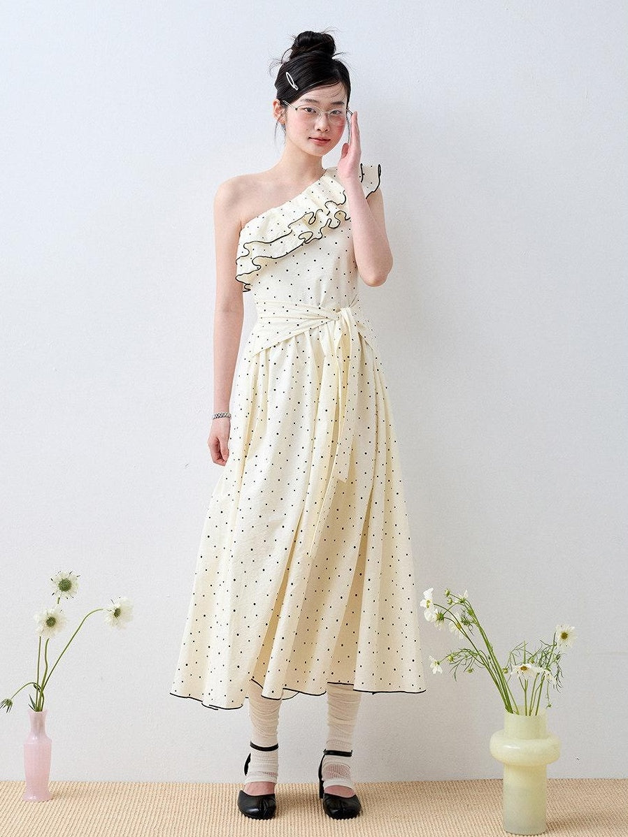 Luamoss Sweet High Waist Polka Dot One Shoulder A Line Cotton Women Maxi Dresses