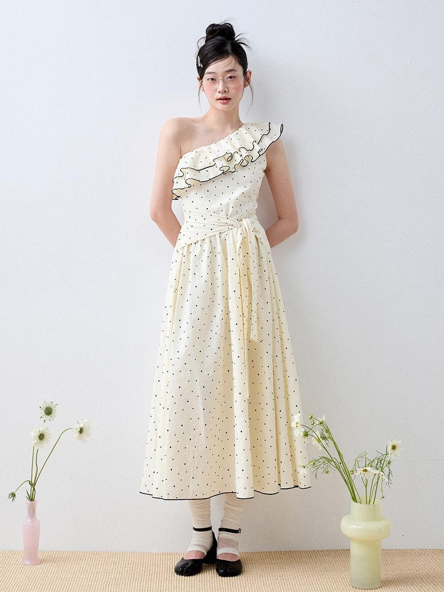 Luamoss Sweet High Waist Polka Dot One Shoulder A Line Cotton Women Maxi Dresses