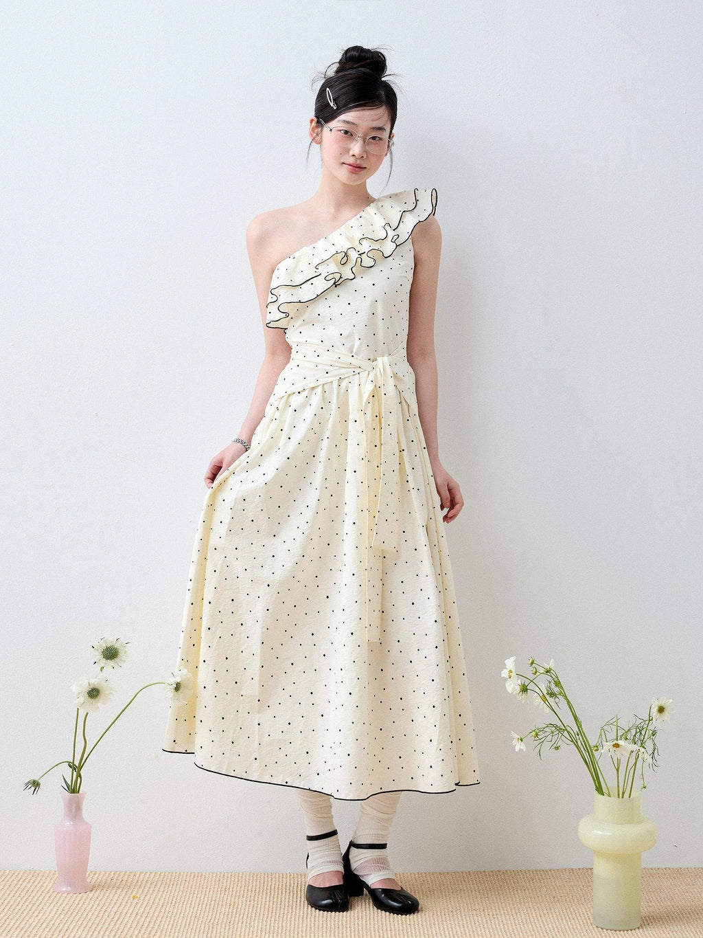 Luamoss Sweet High Waist Polka Dot One Shoulder A Line Cotton Women Maxi Dresses