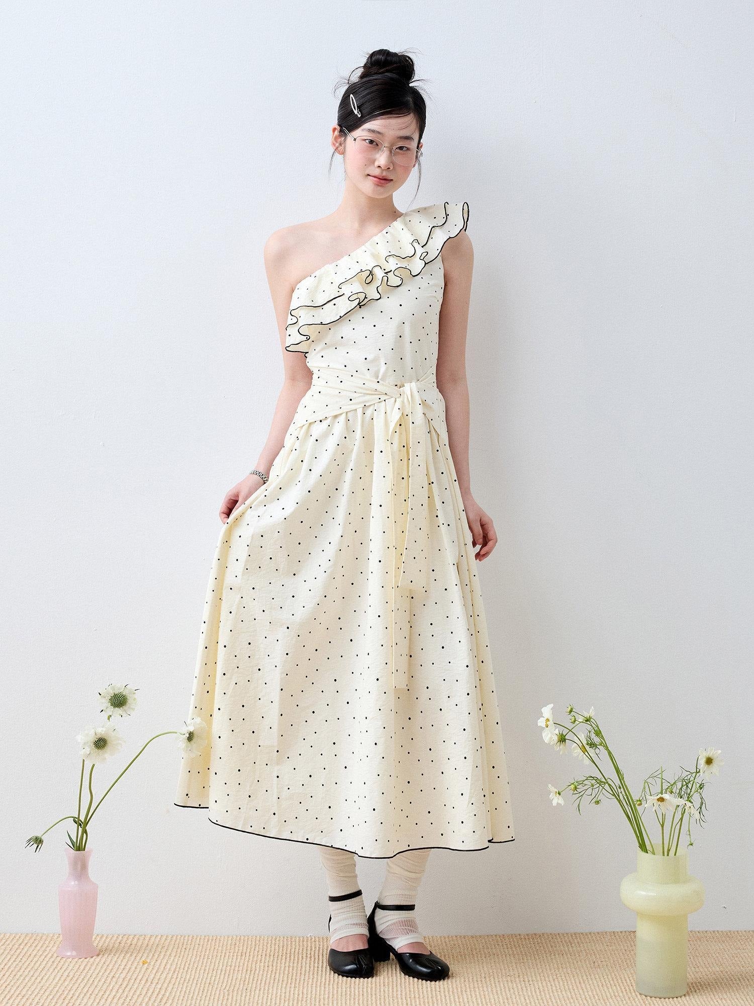 Luamoss Sweet High Waist Polka Dot One Shoulder A Line Cotton Women Maxi Dresses