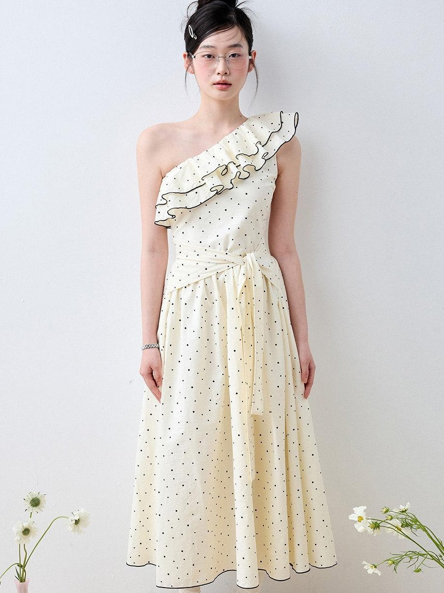 Luamoss Sweet High Waist Polka Dot One Shoulder A Line Cotton Women Maxi Dresses