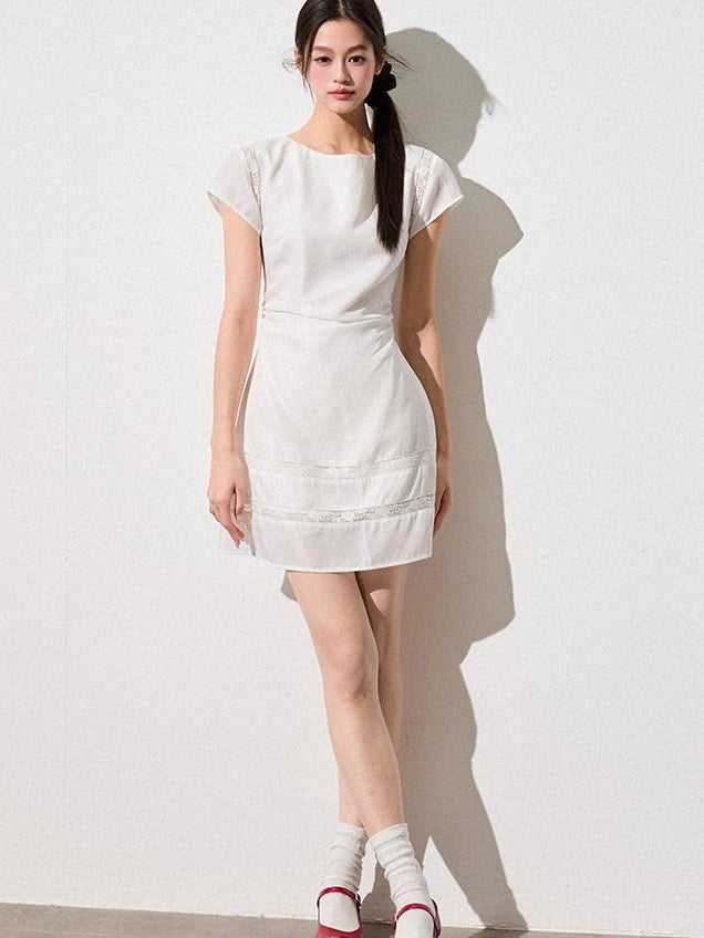 Luamoss Sweet Lace Patchwork A Line Fitted Waist Young Women Pearl White Mini Dresses