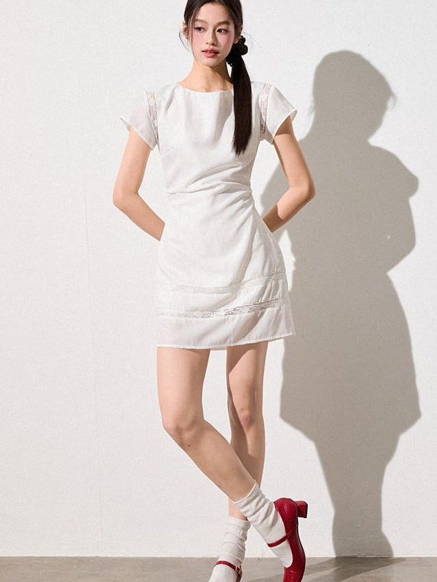 Luamoss Sweet Lace Patchwork A Line Fitted Waist Young Women Pearl White Mini Dresses