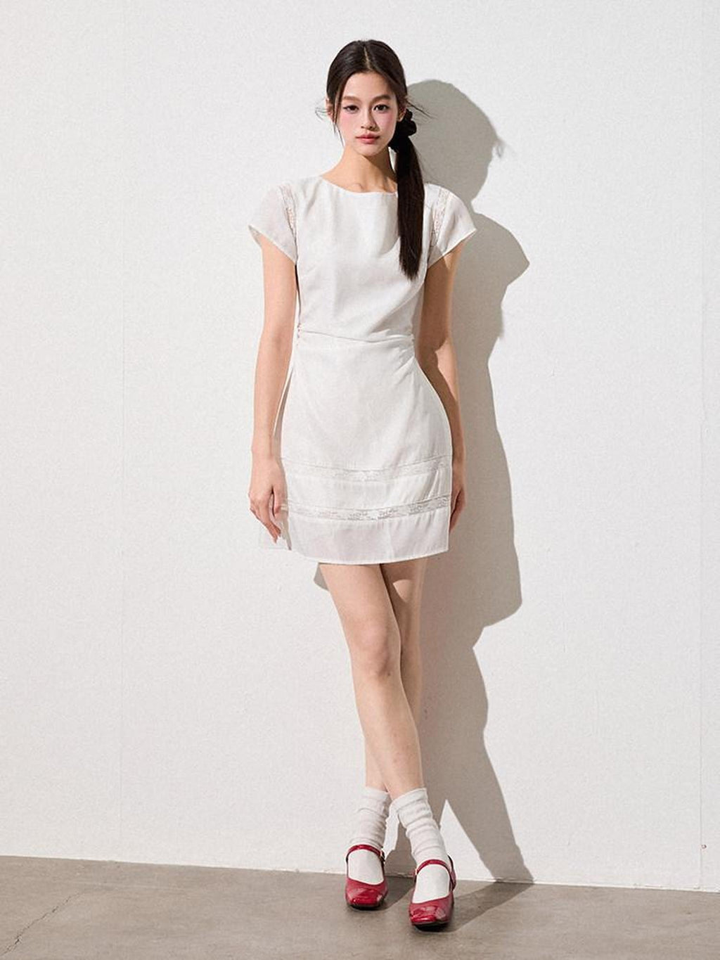 Luamoss Sweet Lace Patchwork A Line Fitted Waist Young Women Pearl White Mini Dresses