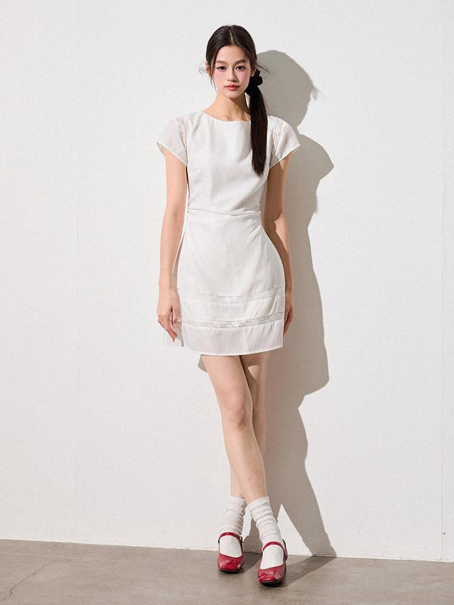 Luamoss Sweet Lace Patchwork A Line Fitted Waist Young Women Pearl White Mini Dresses