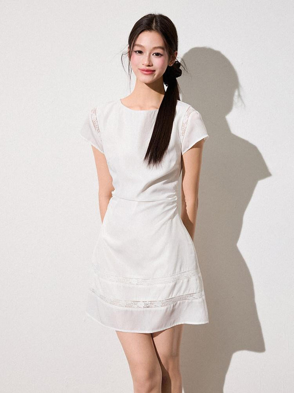 Luamoss Sweet Lace Patchwork A Line Fitted Waist Young Women Pearl White Mini Dresses