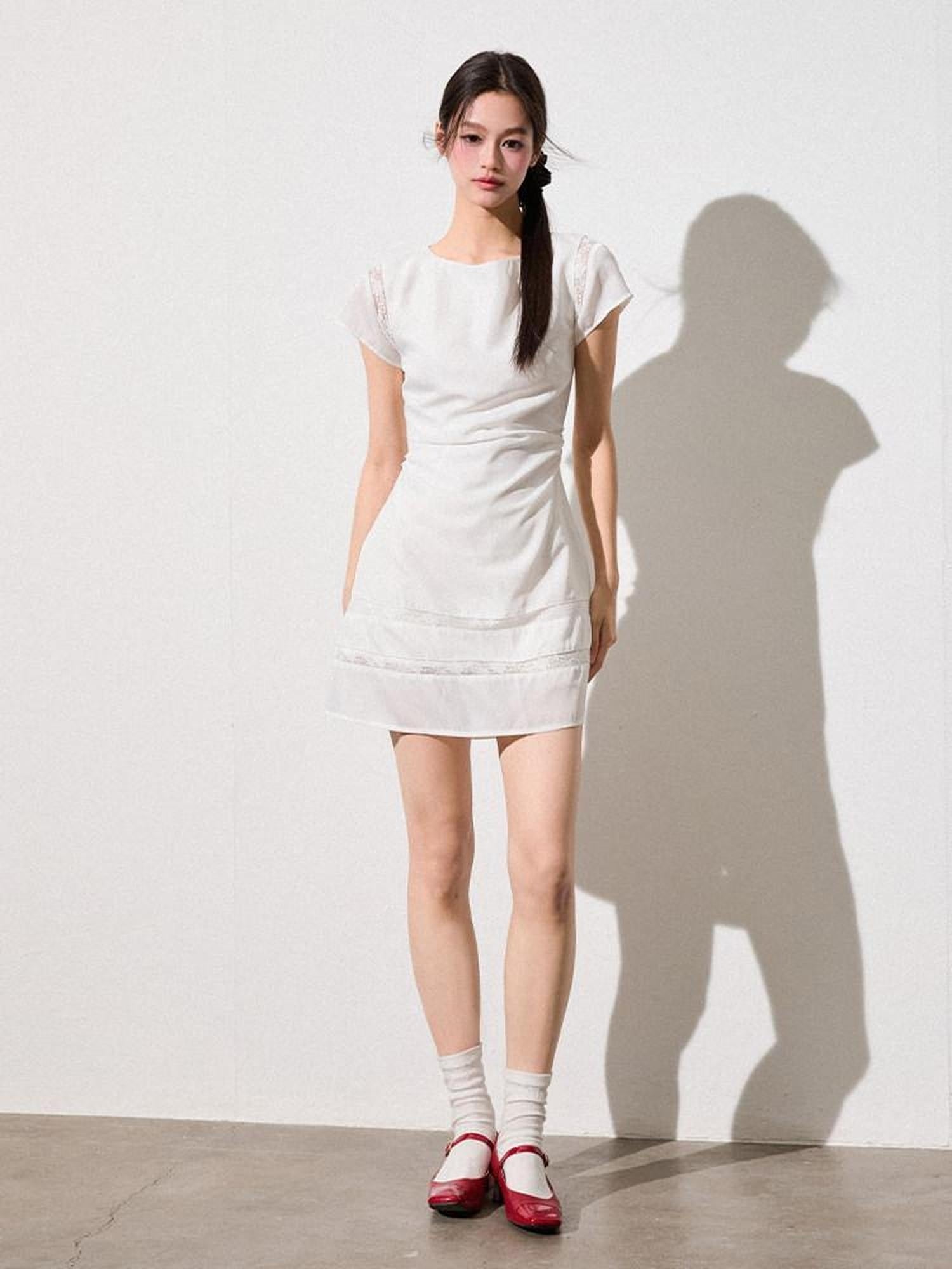 Luamoss Sweet Lace Patchwork A Line Fitted Waist Young Women Pearl White Mini Dresses