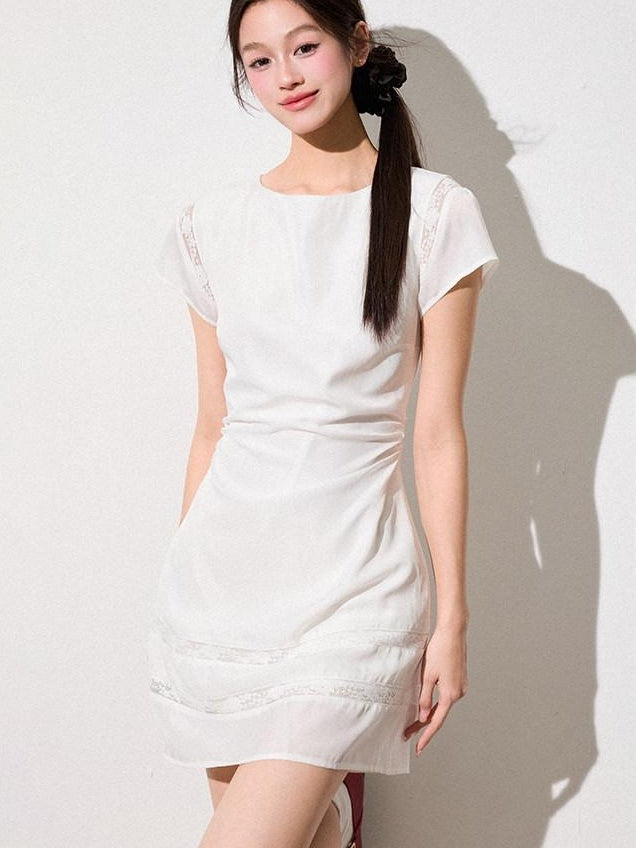 Luamoss Sweet Lace Patchwork A Line Fitted Waist Young Women Pearl White Mini Dresses
