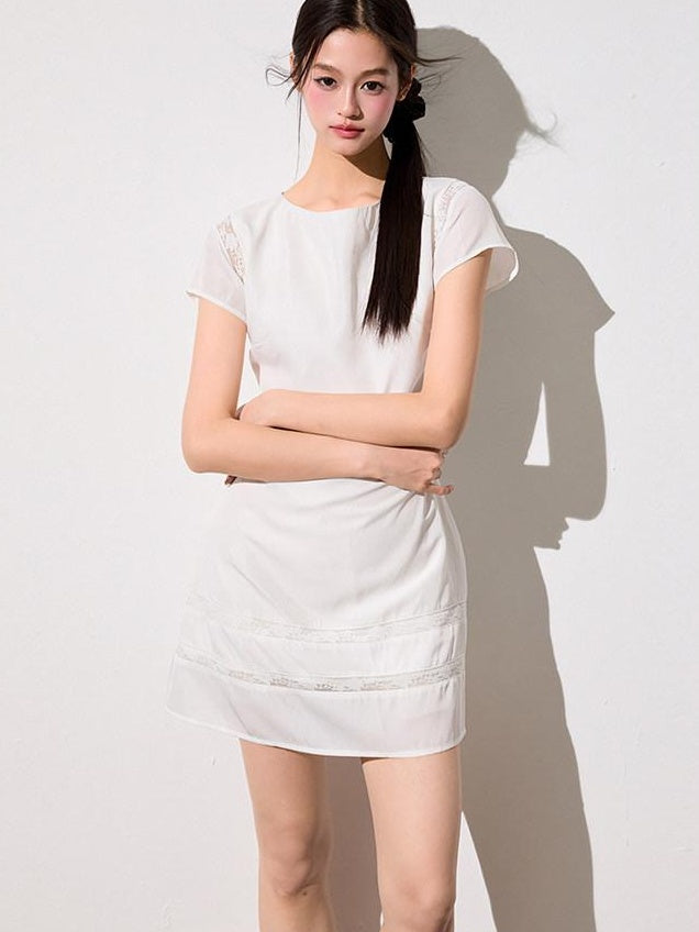 Luamoss Sweet Lace Patchwork A Line Fitted Waist Young Women Pearl White Mini Dresses