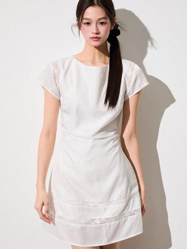 Luamoss Sweet Lace Patchwork A Line Fitted Waist Young Women Pearl White Mini Dresses
