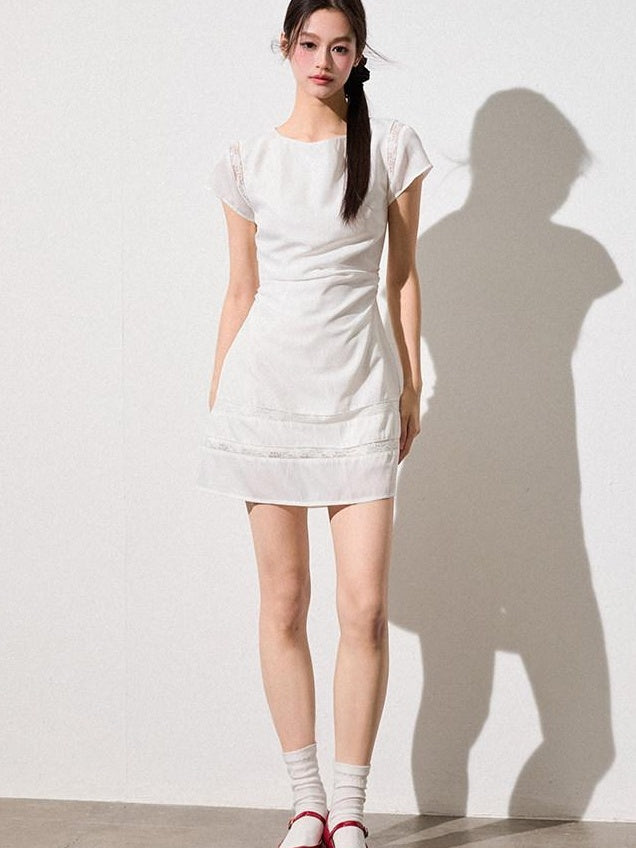 Luamoss Sweet Lace Patchwork A Line Fitted Waist Young Women Pearl White Mini Dresses