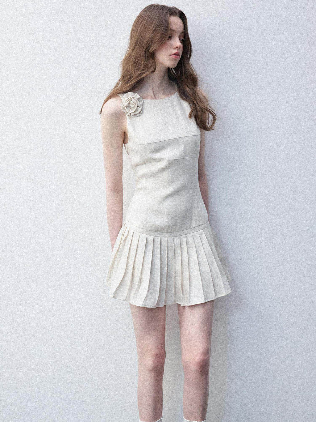 Luamoss Tencel Linen Breathable Minimal A Line Pleated Slim Casual White Mini Dresses