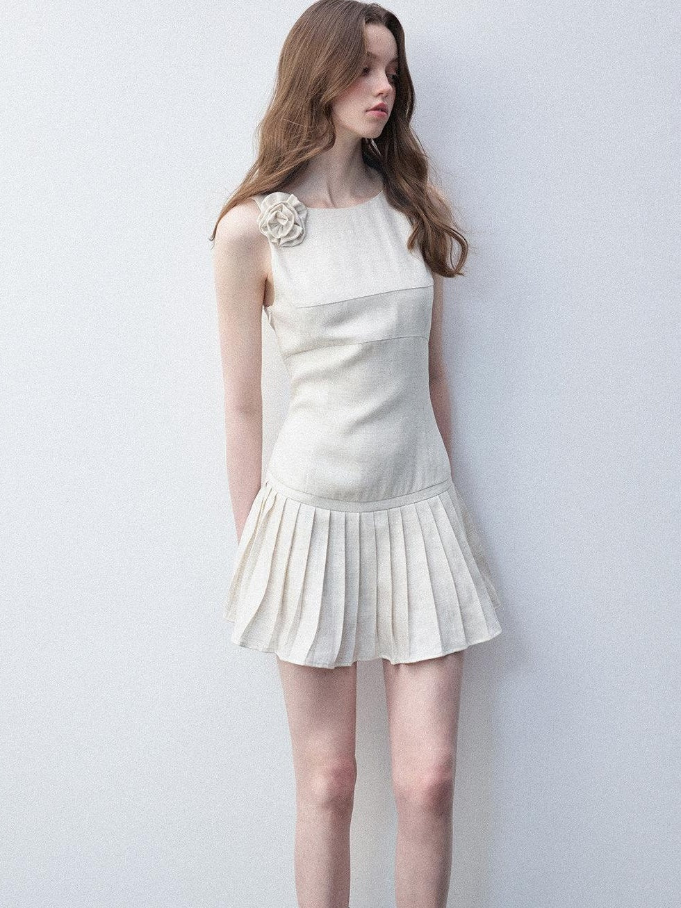 Luamoss Tencel Linen Breathable Minimal A Line Pleated Slim Casual White Mini Dresses