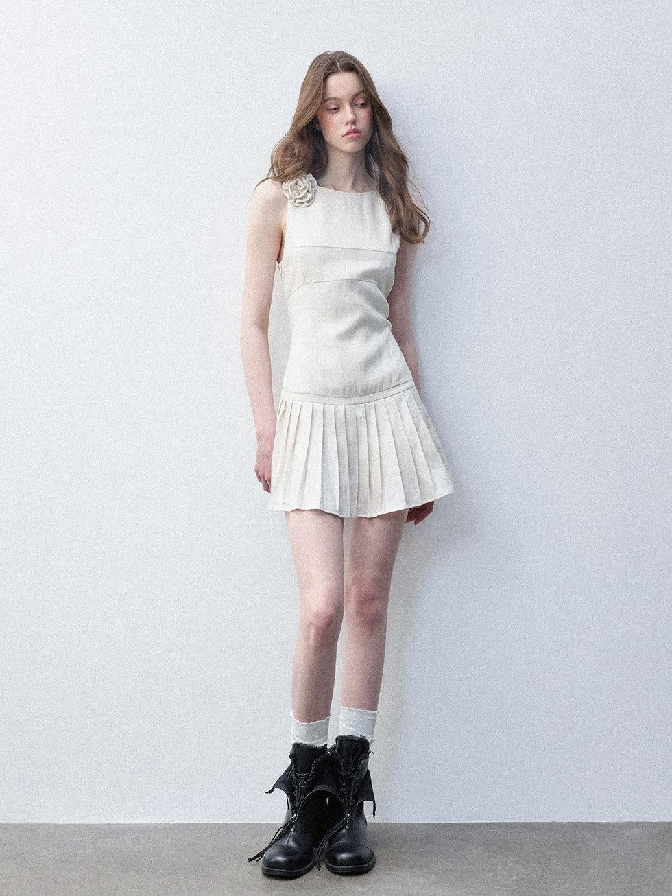 Luamoss Tencel Linen Breathable Minimal A Line Pleated Slim Casual White Mini Dresses