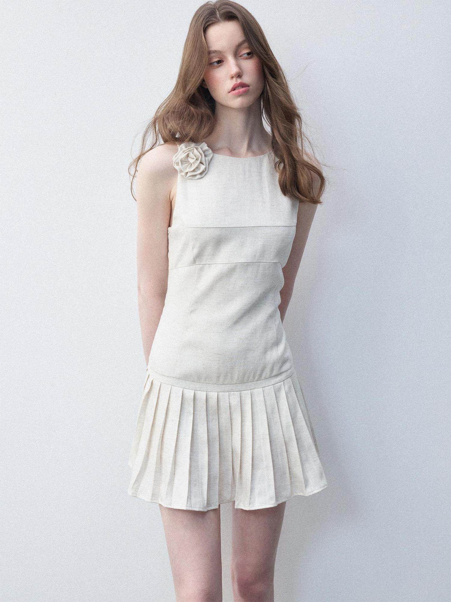 Luamoss Tencel Linen Breathable Minimal A Line Pleated Slim Casual White Mini Dresses