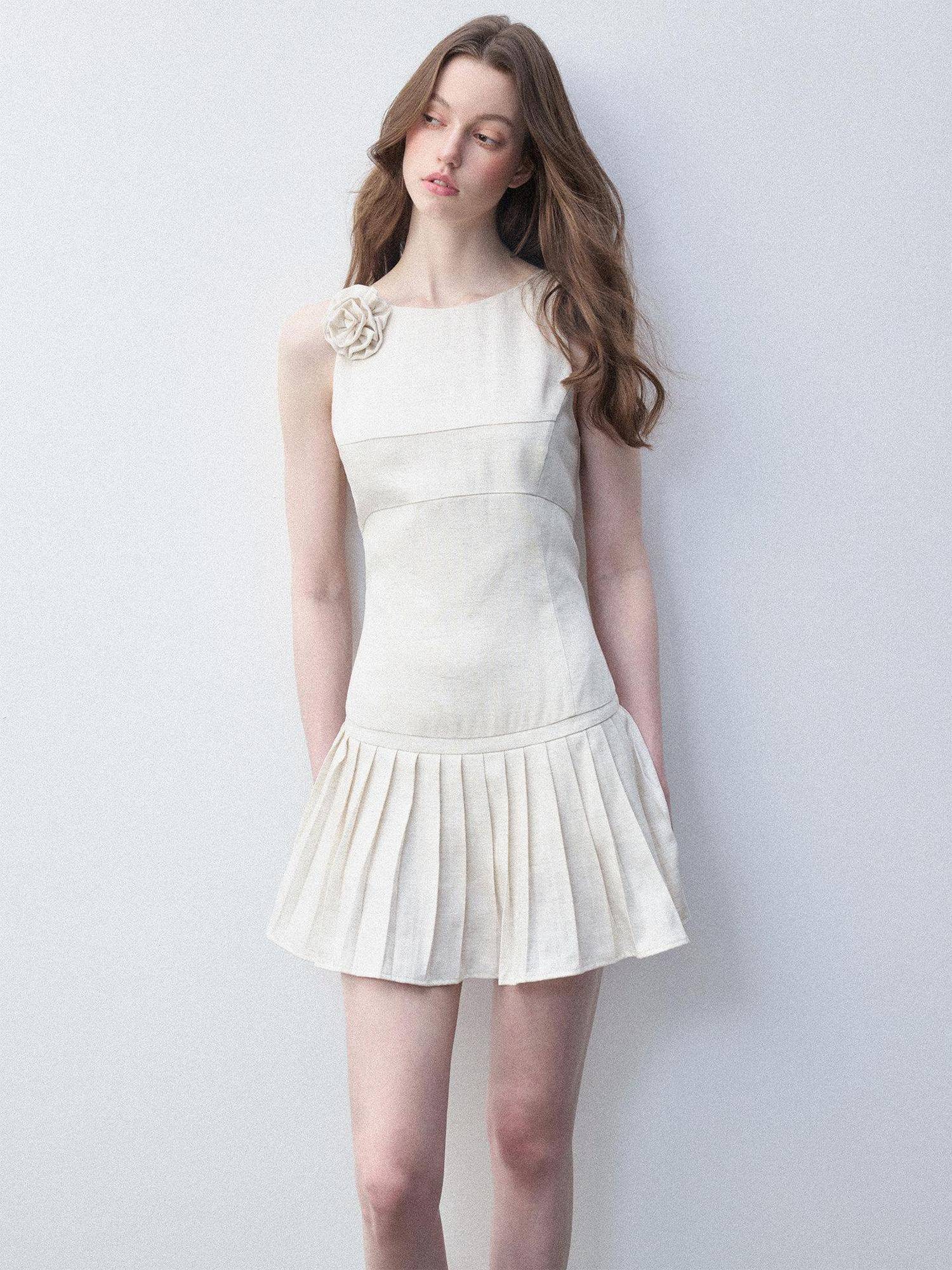 Luamoss Tencel Linen Breathable Minimal A Line Pleated Slim Casual White Mini Dresses