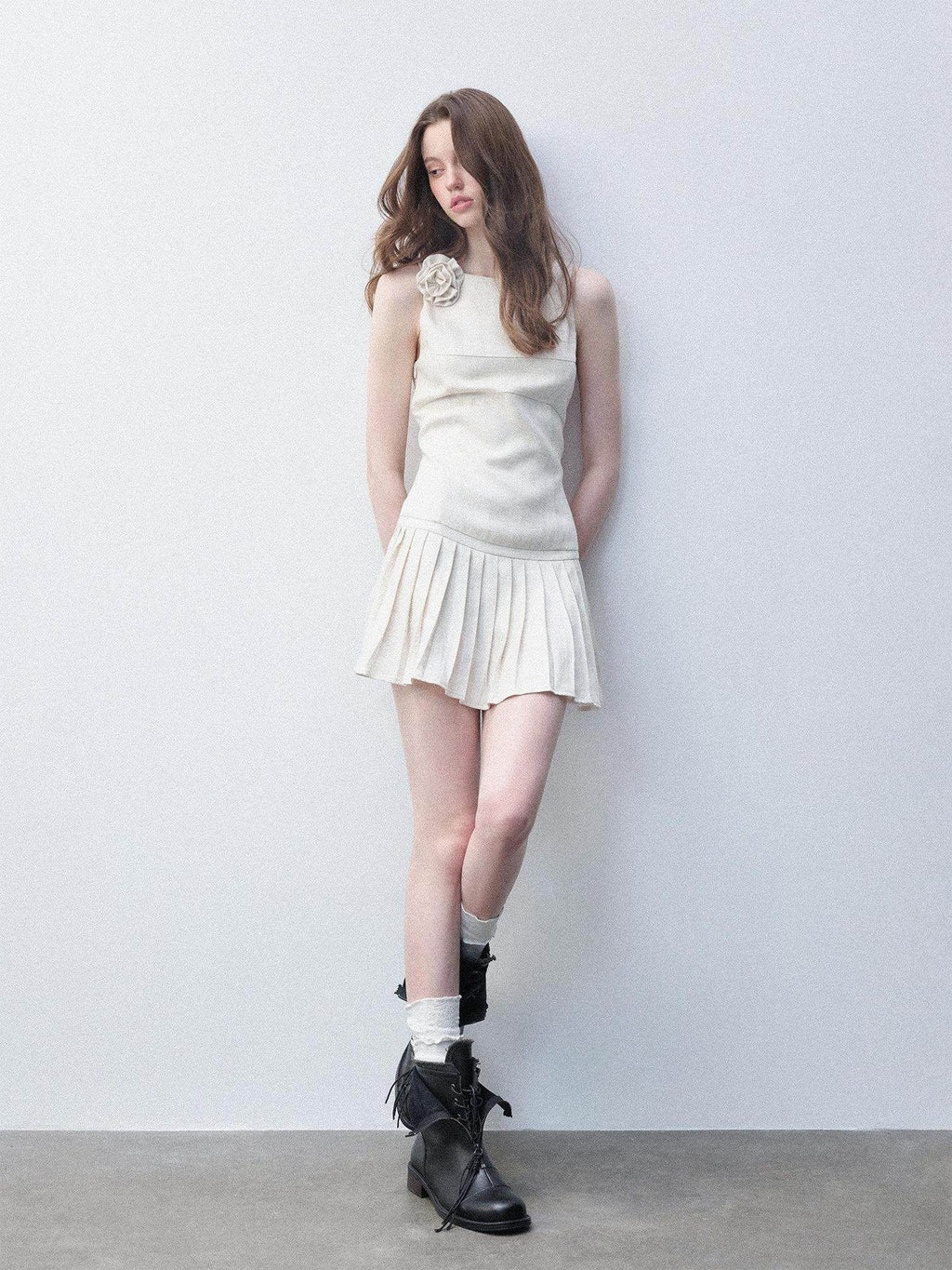 Luamoss Tencel Linen Breathable Minimal A Line Pleated Slim Casual White Mini Dresses