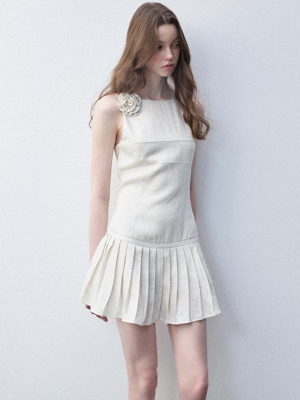 Luamoss Tencel Linen Breathable Minimal A Line Pleated Slim Casual White Mini Dresses