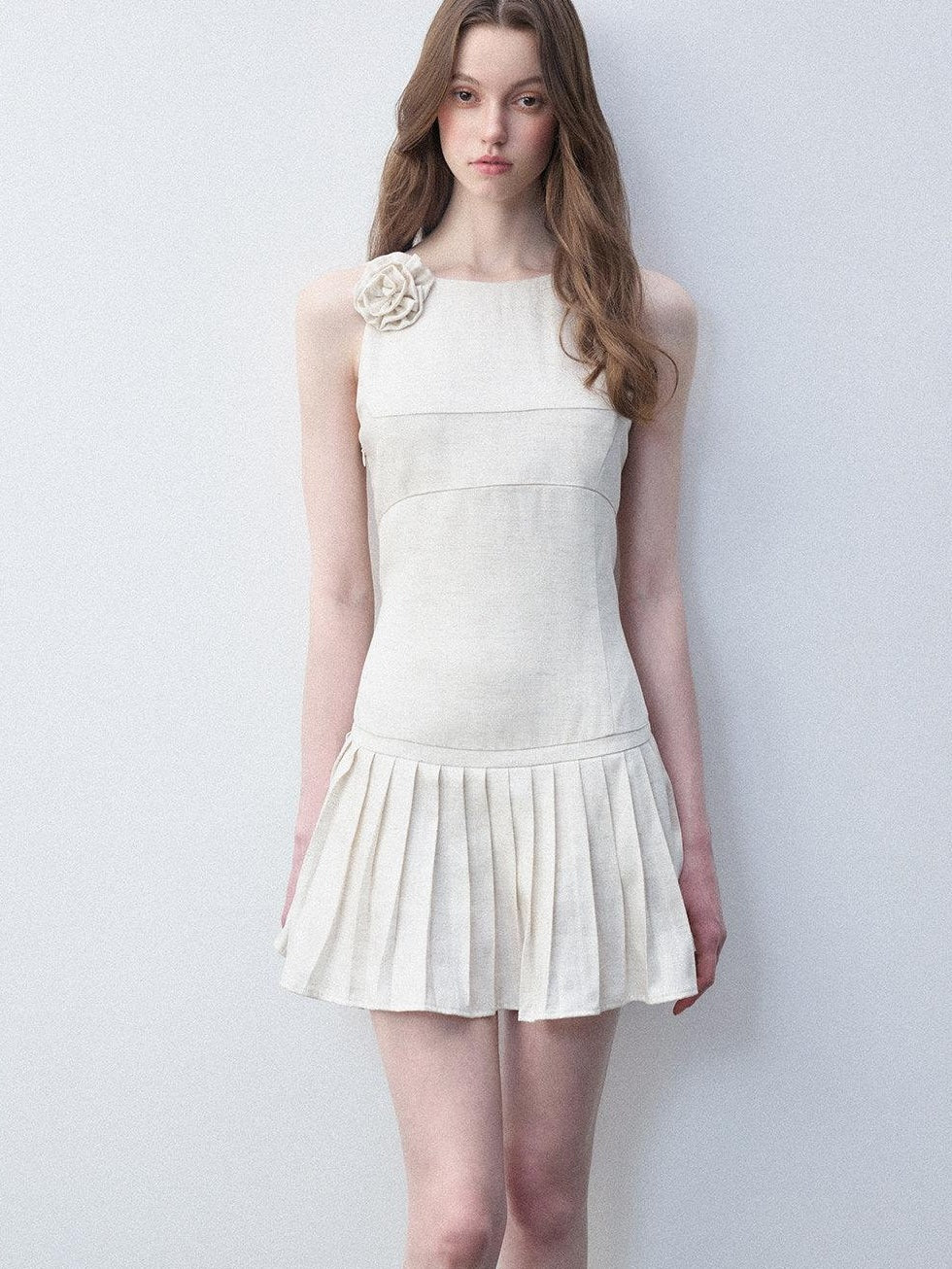 Luamoss Tencel Linen Breathable Minimal A Line Pleated Slim Casual White Mini Dresses