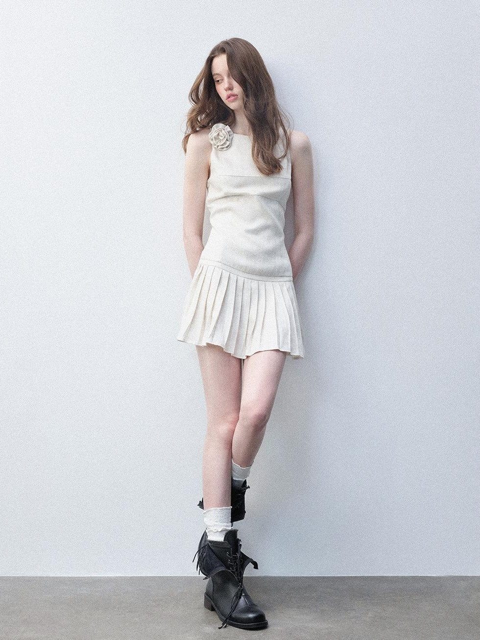 Luamoss Tencel Linen Breathable Minimal A Line Pleated Slim Casual White Mini Dresses