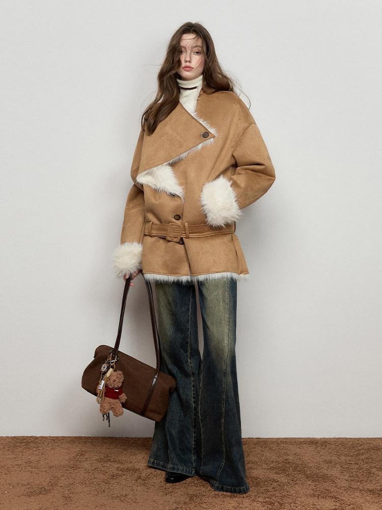 Luamoss Thick Asymmetric Mid Length Oversized Commuter Women Khaki Warm Faux Fur Coats