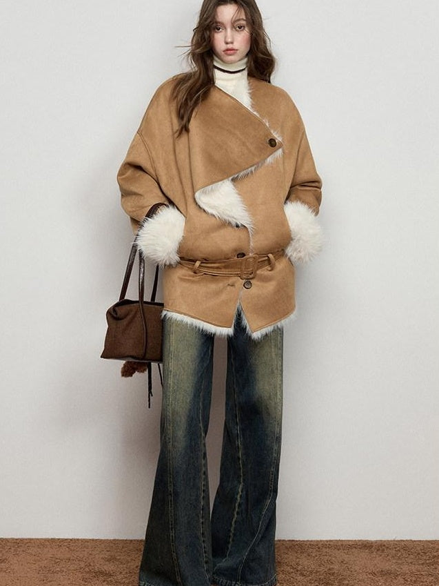 Luamoss Thick Asymmetric Mid Length Oversized Commuter Women Khaki Warm Faux Fur Coats