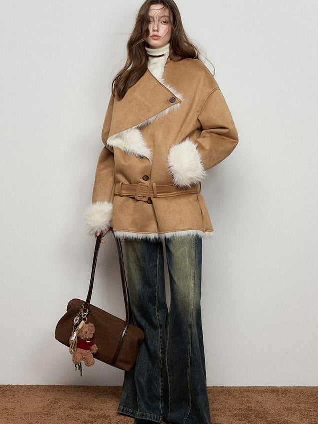 Luamoss Thick Asymmetric Mid Length Oversized Commuter Women Khaki Warm Faux Fur Coats