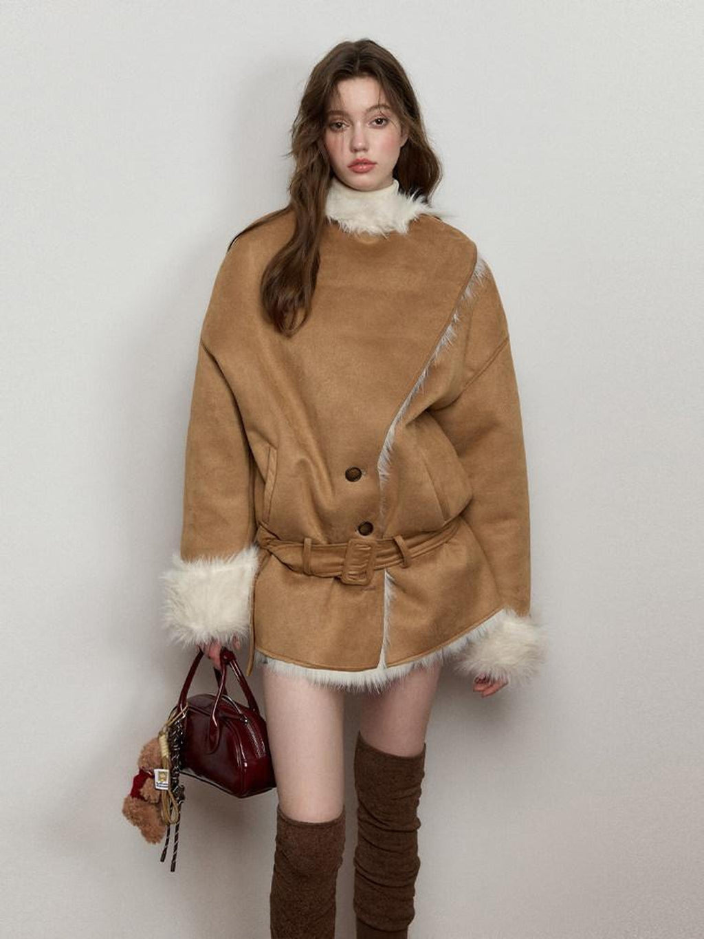 Luamoss Thick Asymmetric Mid Length Oversized Commuter Women Khaki Warm Faux Fur Coats