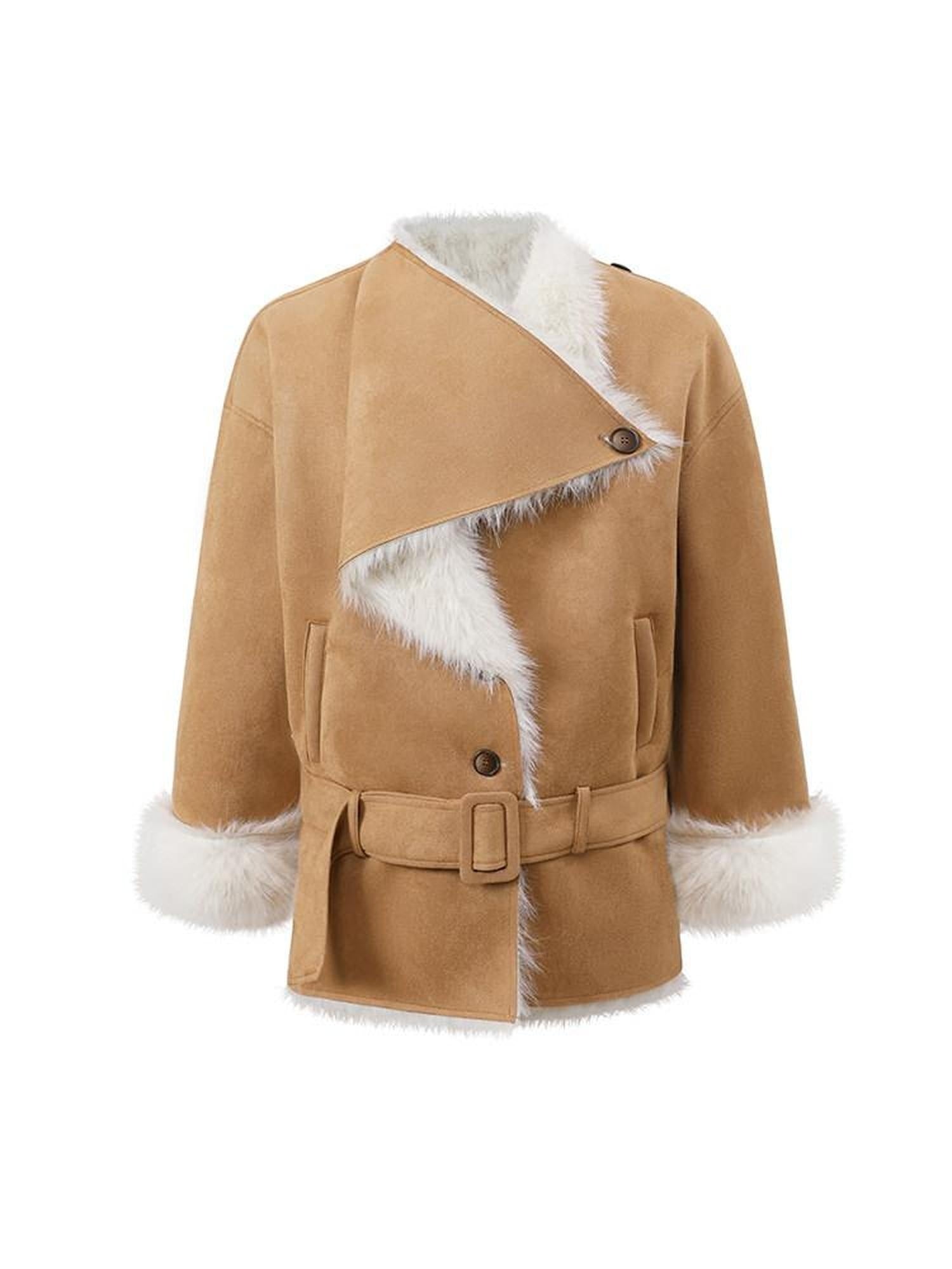 Luamoss Thick Asymmetric Mid Length Oversized Commuter Women Khaki Warm Faux Fur Coats