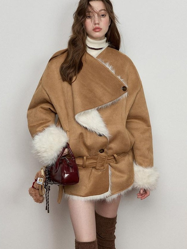 Luamoss Thick Asymmetric Mid Length Oversized Commuter Women Khaki Warm Faux Fur Coats
