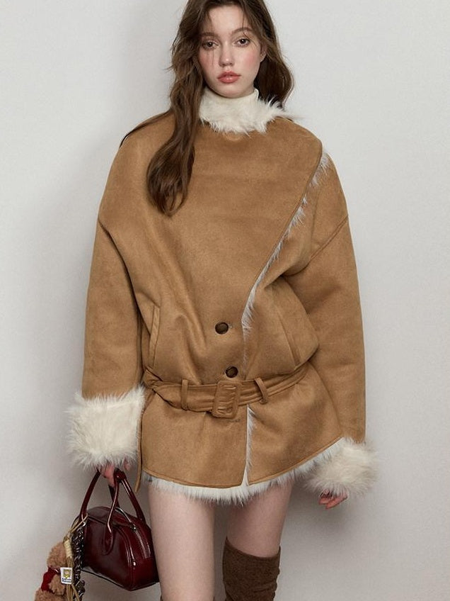Luamoss Thick Asymmetric Mid Length Oversized Commuter Women Khaki Warm Faux Fur Coats
