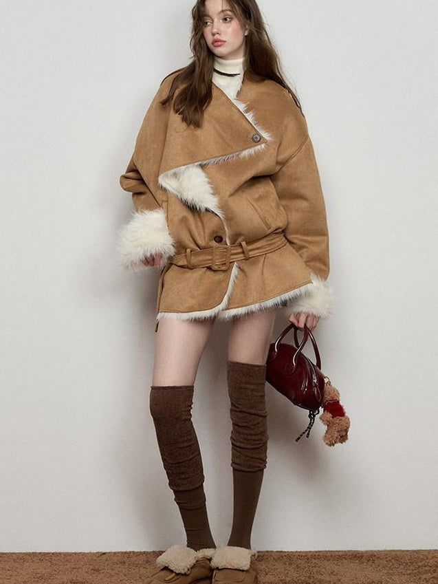 Luamoss Thick Asymmetric Mid Length Oversized Commuter Women Khaki Warm Faux Fur Coats