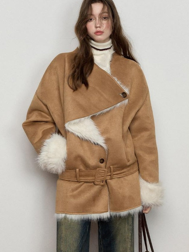 Luamoss Thick Asymmetric Mid Length Oversized Commuter Women Khaki Warm Faux Fur Coats
